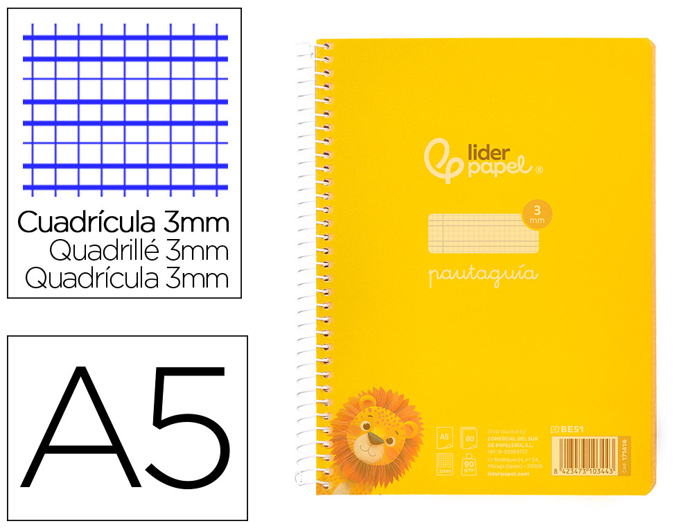 CUADERNO ESPIRAL LIDERPAPEL DIN A5 PAUTAGUIA TAPA PLASTICO 80H 90GR CUADRO PAUTADO 3 MM CON MARGEN COLOR AMARILLO