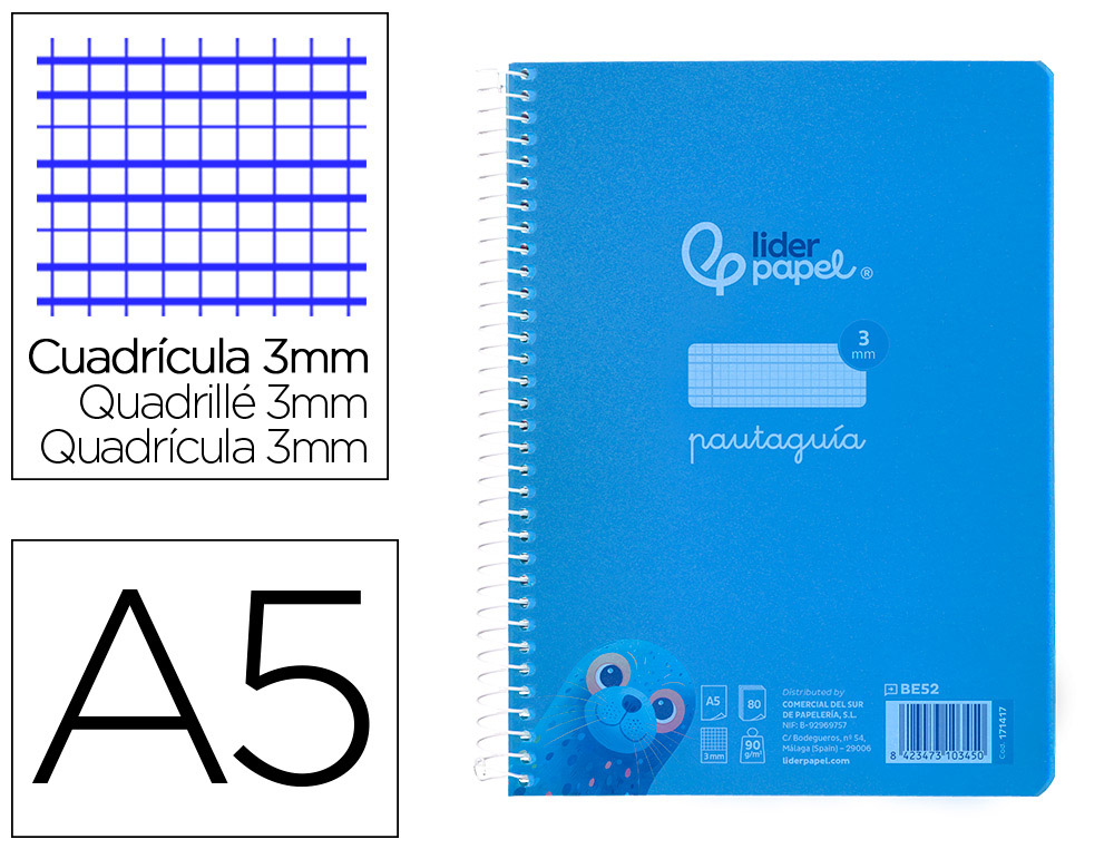 CUADERNO ESPIRAL LIDERPAPEL DIN A5 PAUTAGUIA TAPA PLASTICO 80H 90GR CUADRO PAUTADO 3 MM CON MARGEN COLOR AZUL