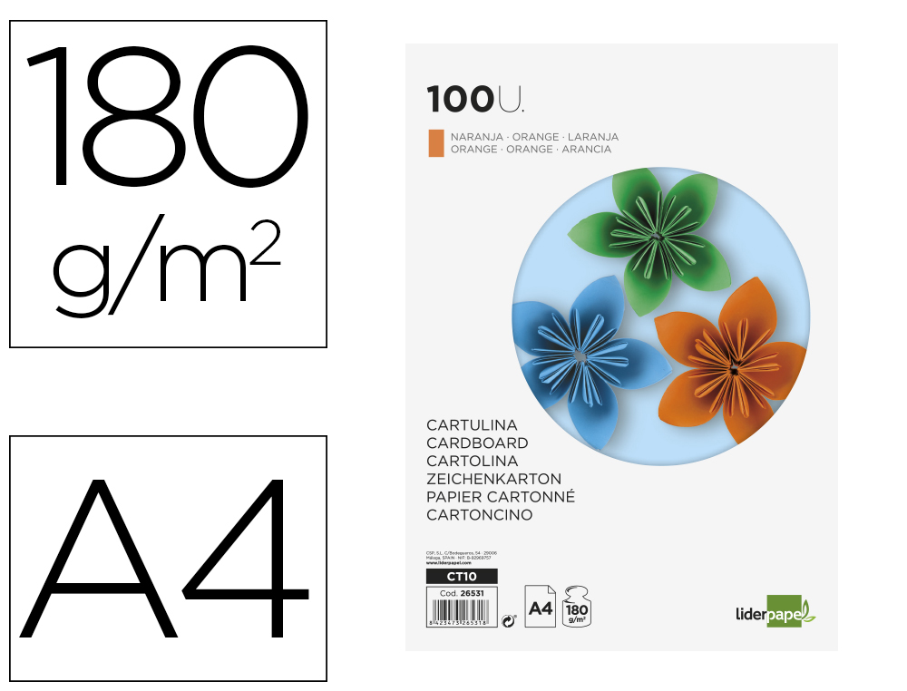 CARTULINA LIDERPAPEL A4 180G/M2 NARANJA FUERTE PAQUETE DE 100 HOJAS