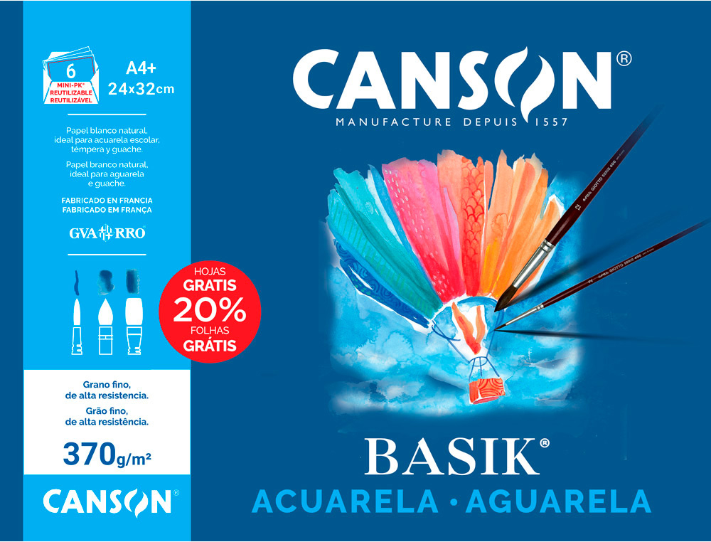 PAPEL ACUARELA BASIK CANSON DIN A4+ 370 GR PACK DE 6 HOJAS
