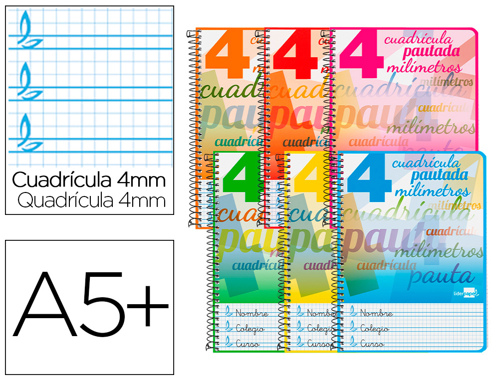 CUADERNO ESPIRAL LIDERPAPEL CUARTO PAUTAGUIA TAPA DURA 80H75 GR CUADRO PAUTADO 4MM CON MARGEN